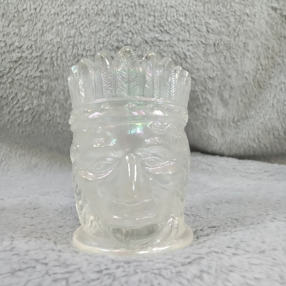 Vintage Iridescent Frosted Glass Native American Chief Head Toothpick Holder